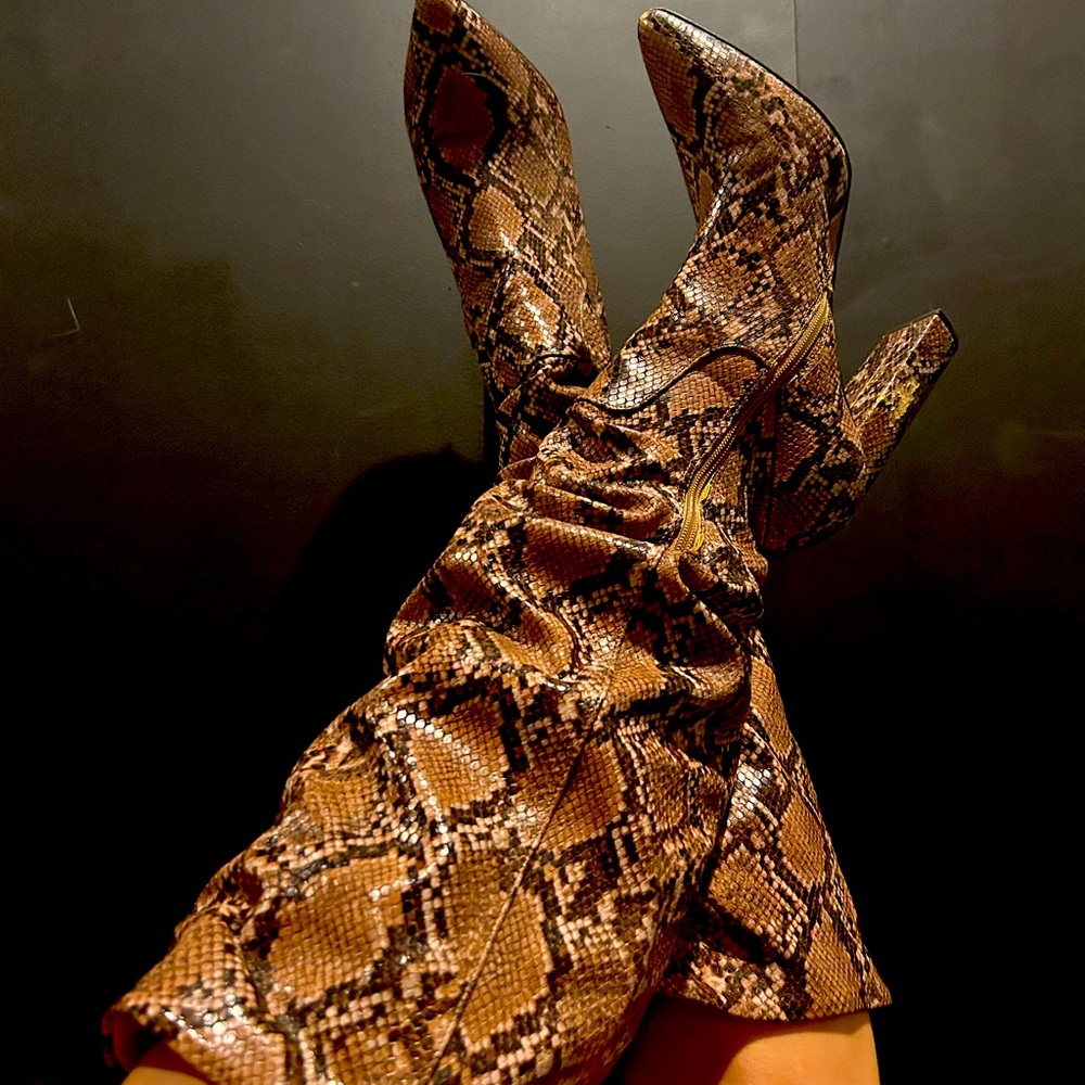 Express Faux Snakeskin Heeled Boots